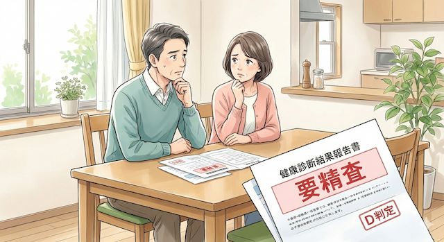 健診結果の用紙を見て不安そうにしている男女のイラスト