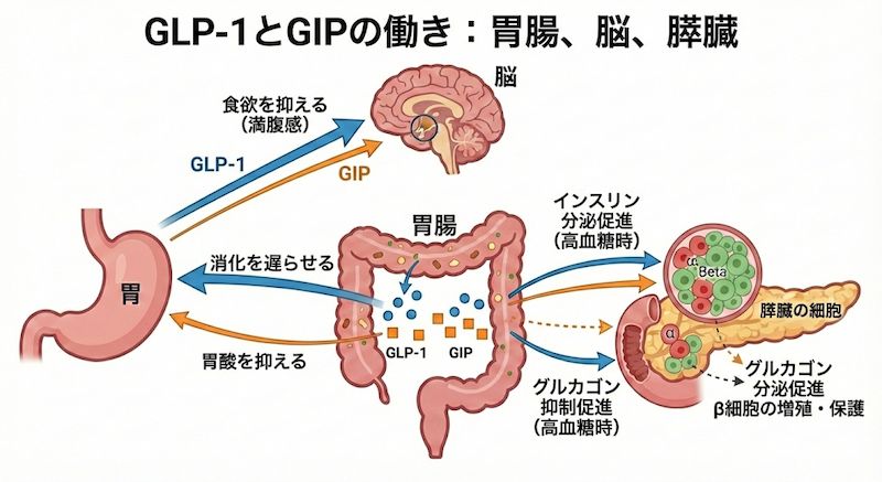 GLP-1とGIPの働き：胃腸、脳、膵臓