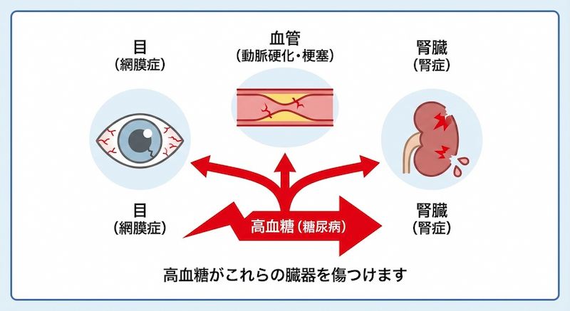 高血圧と目、血管、腎臓の関係のイラスト